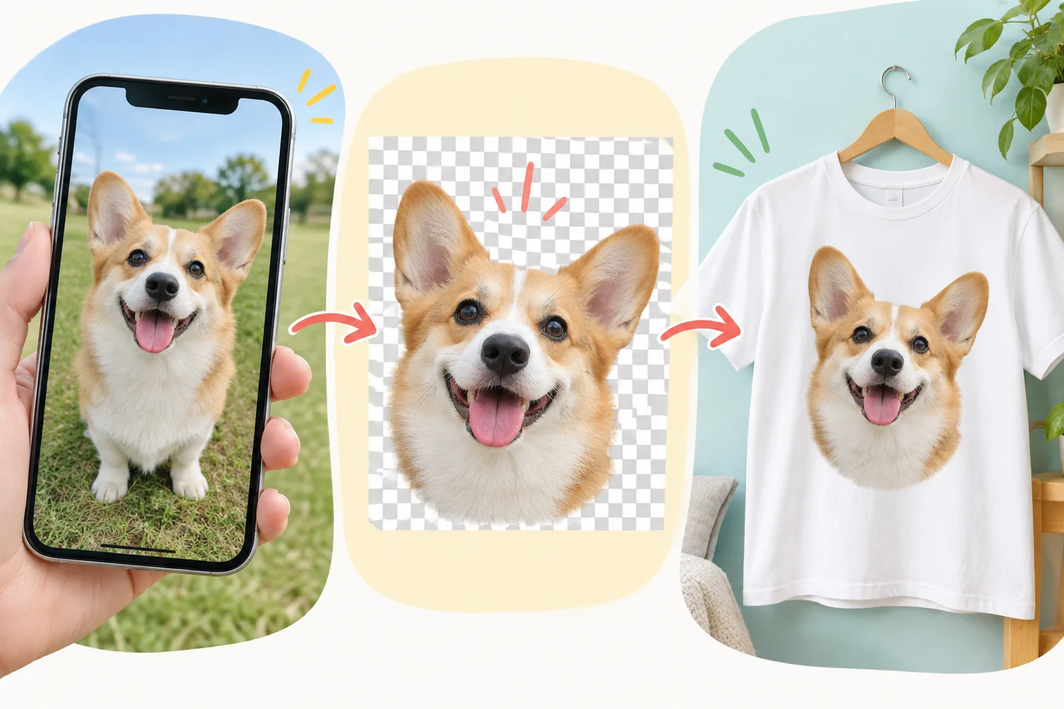 スマホで撮ったペット写真から主役を切り抜き、背景の透過とTシャツへの配置を確認する流れのイメージ図