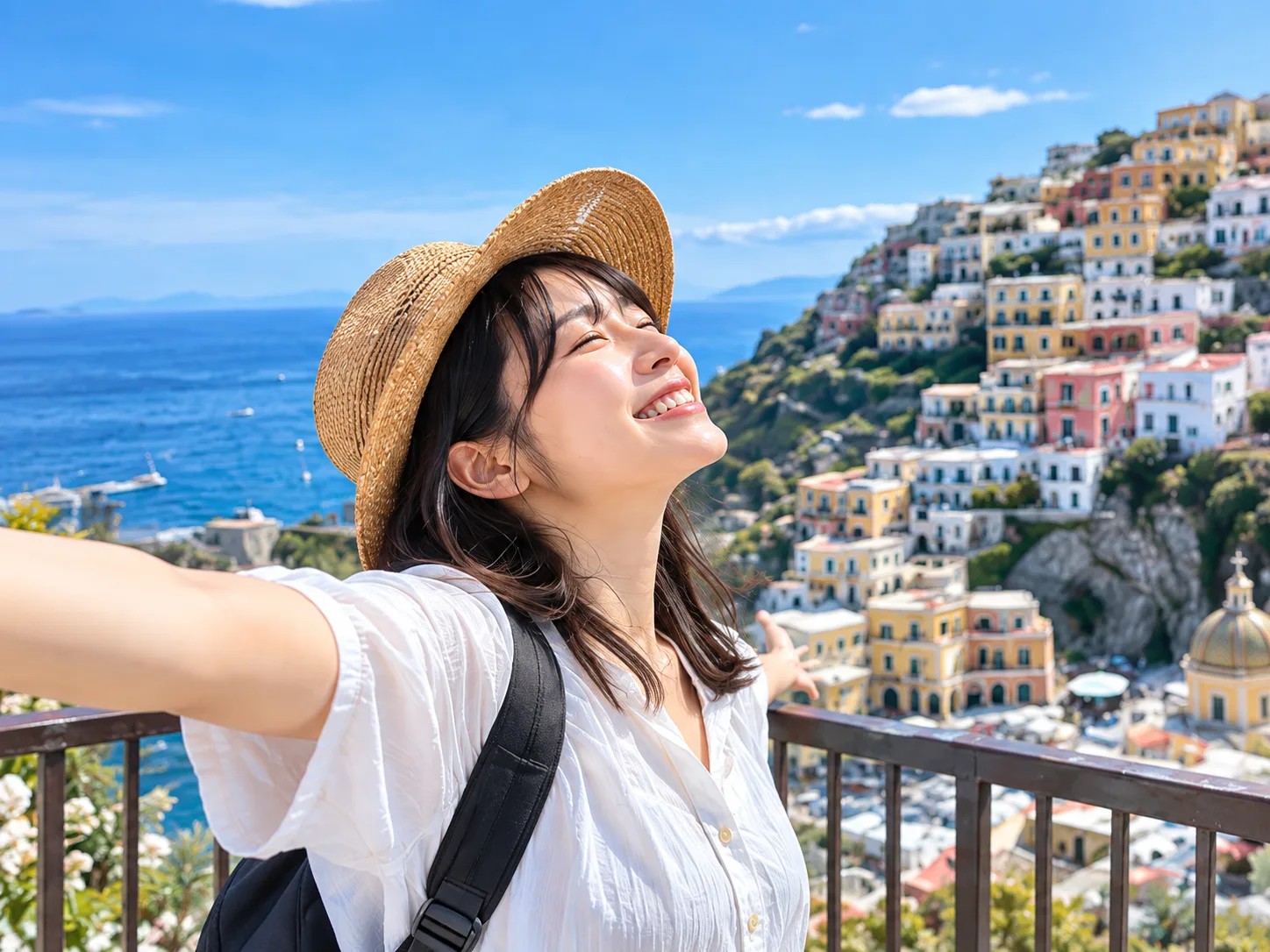 旅先の海辺で撮った、麦わら帽子をかぶった女性と街並みの写真
